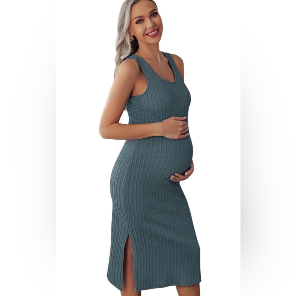 Elegant Ribbed Sleeveless maternity Midi Dress in Blue